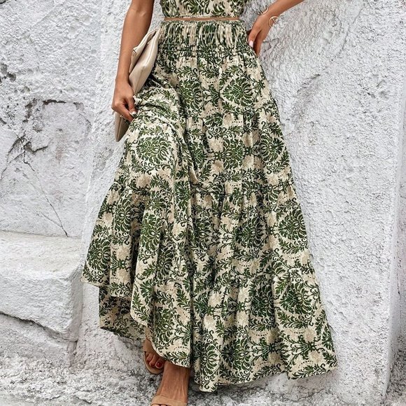 Green Casual Womens Allover Print Ruffle Trim Top & Skirt - Picture 3 of 4